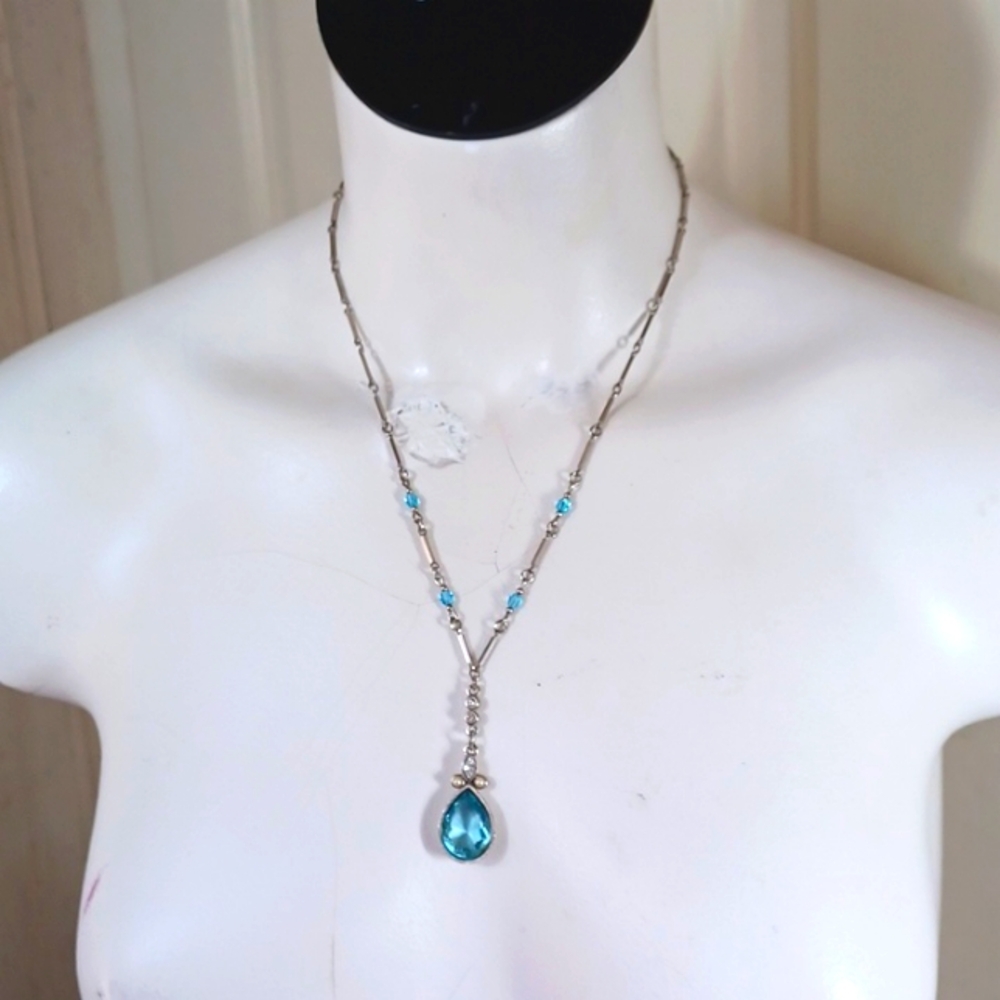 Vintage 1928 Silver W Tear Drop Blue Glass Pendant Beaded Necklace 22 L 32$